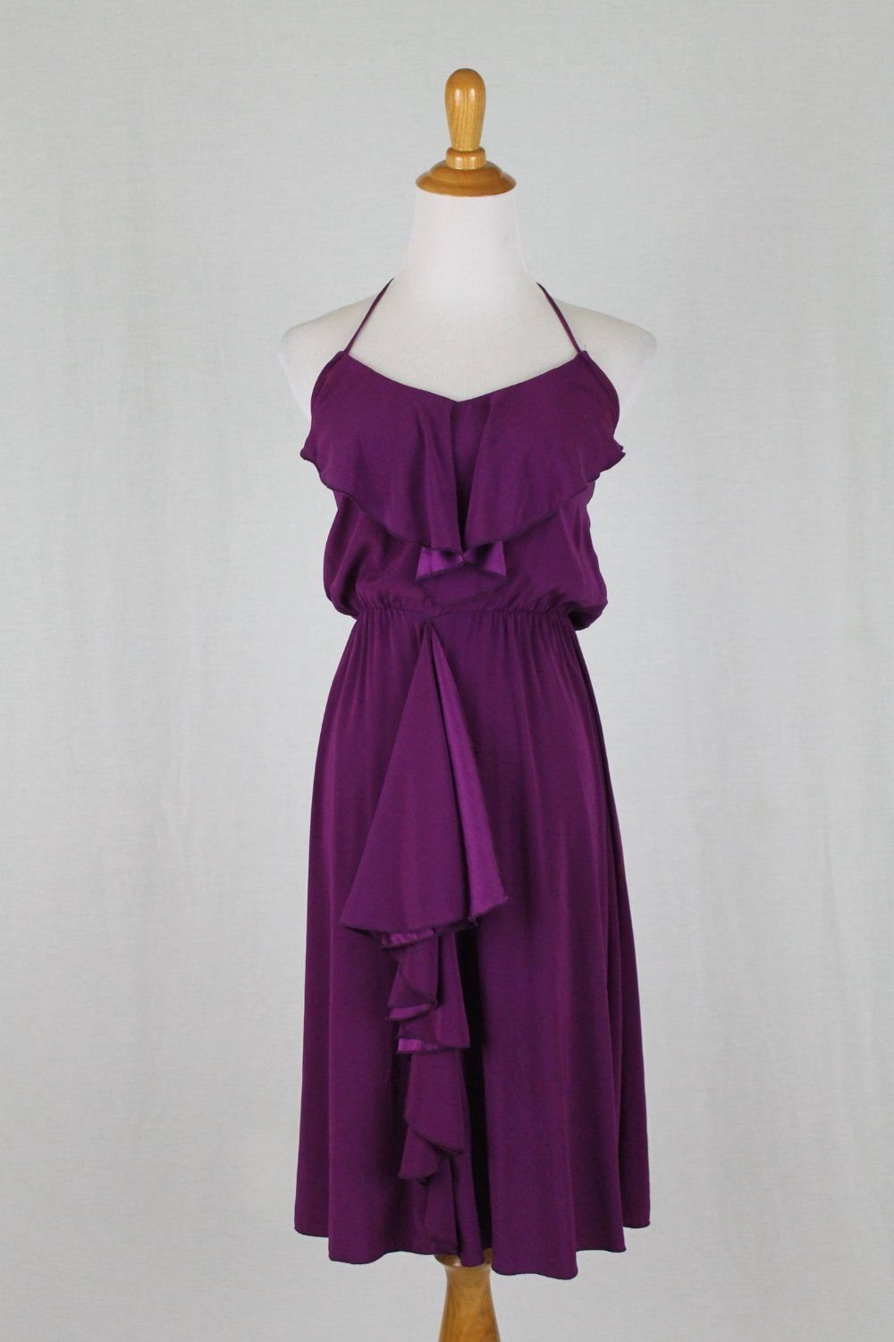 Alisha Levine Purple Silk Halter Dress Mid length ruffled silk blouson ...