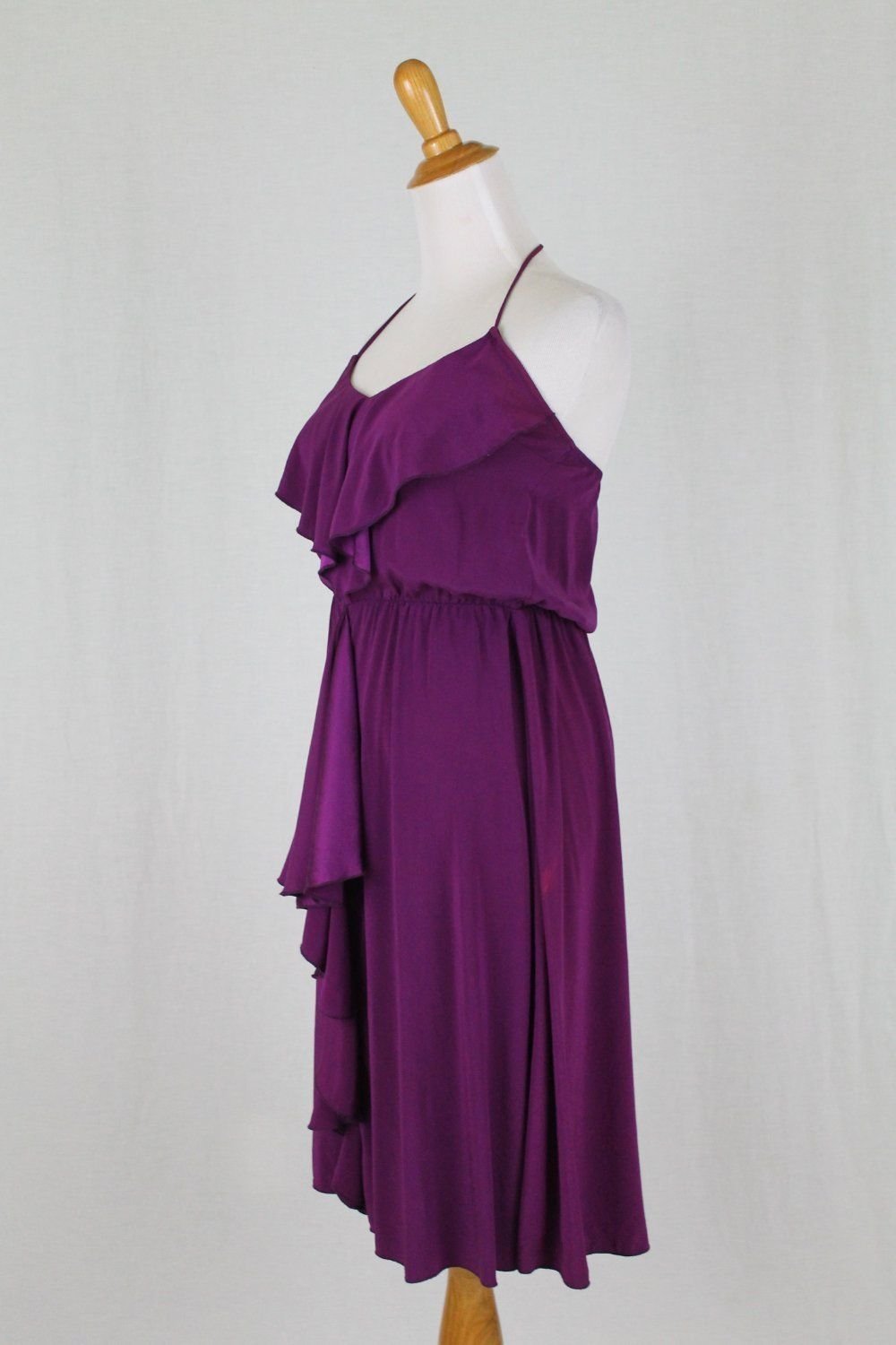 Alisha Levine Purple Silk Halter Dress Mid Length Ruffled Silk Blouson Waist Xs 9188