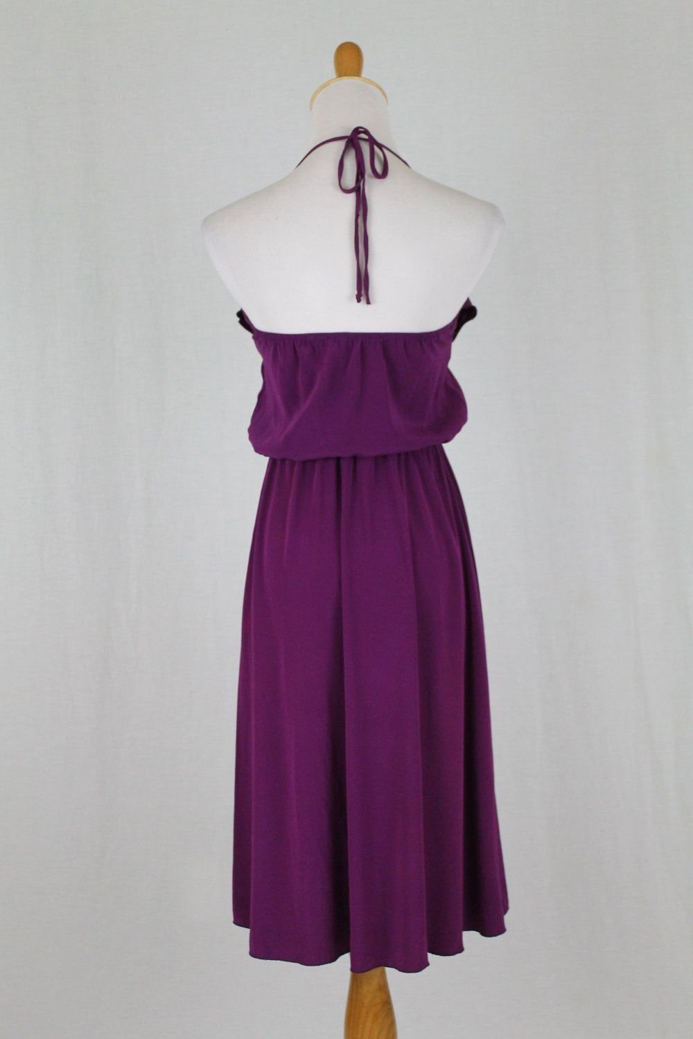 Alisha Levine Purple Silk Halter Dress Mid Length Ruffled Silk Blouson Waist Xs 0829