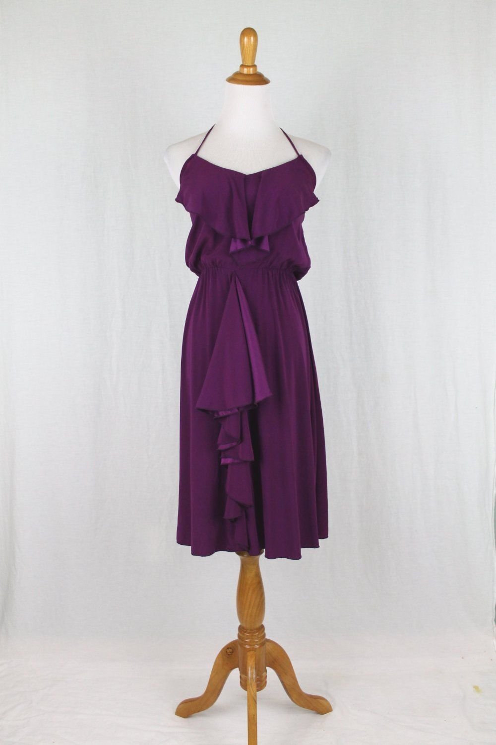 Alisha Levine Purple Silk Halter Dress Mid Length Ruffled Silk Blouson Waist Xs 8871