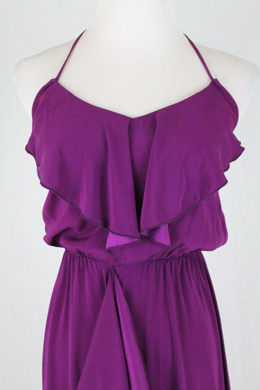 Alisha Levine Purple Silk Halter Dress Mid Length Ruffled Silk Blouson Waist Xs 4459