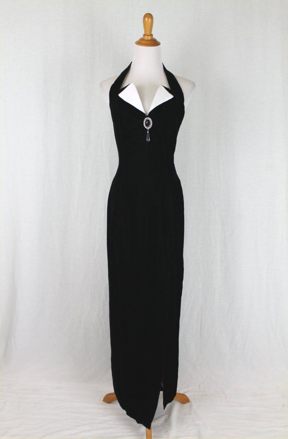 ROBERTA Vintage Long Black Velvet Embellished Tuxedo Halter Gown Gothic 1990's 4