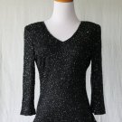 Lawrence Kazar 1940's Inspired Glass Beaded Black Silk 3/4 Sleeve V-Neck Top S