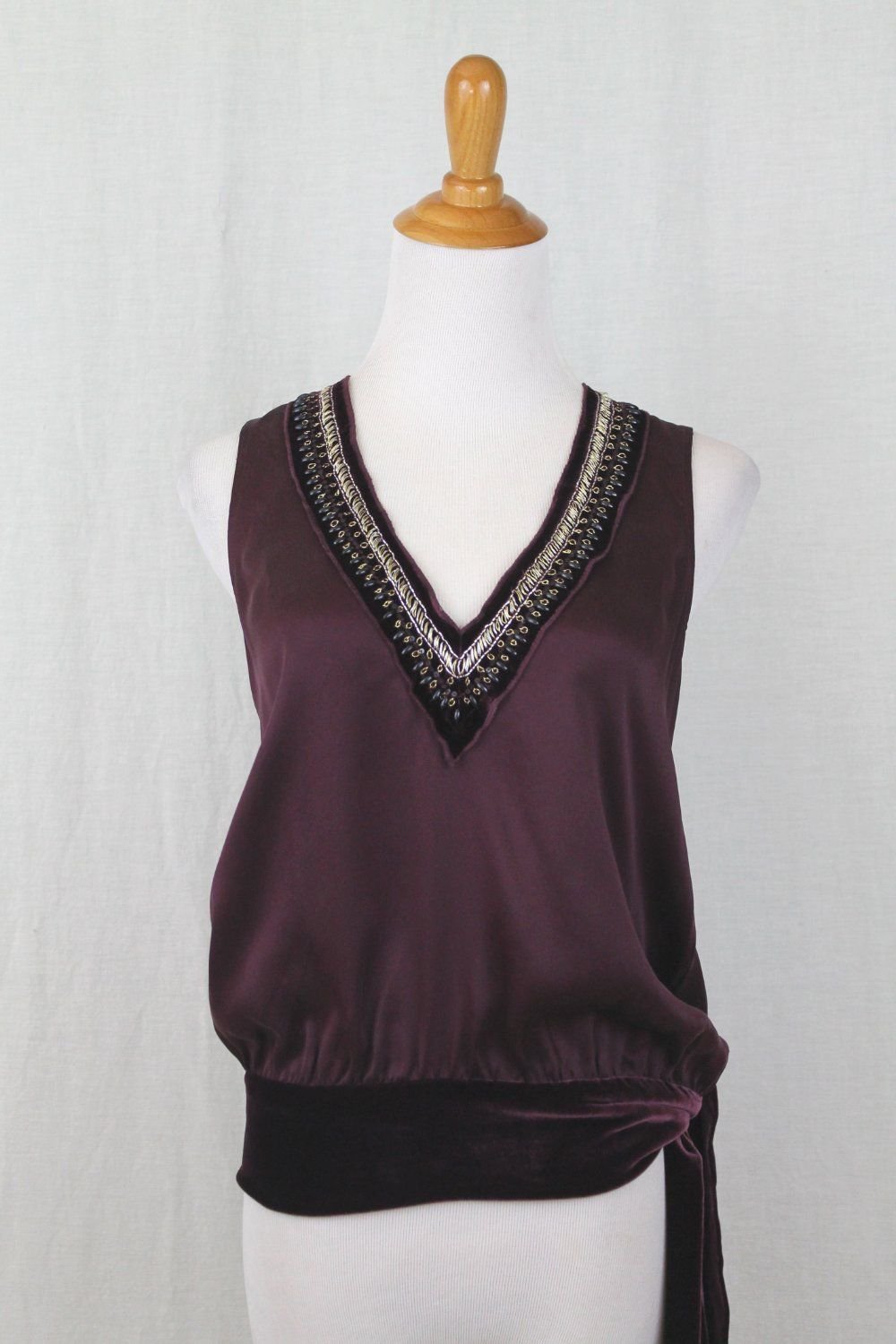 Moda International Beaded Burgundy Silk & Silk Velvet Top 20's Flapper Gatsby XS