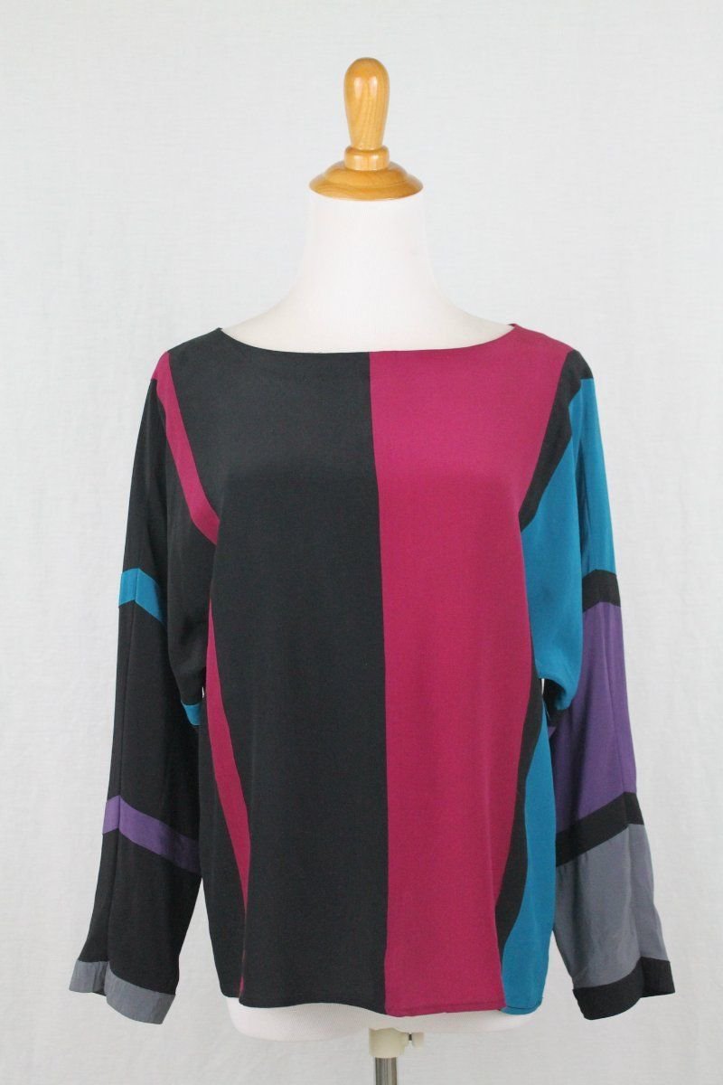 Vintage Jack Mulqueen Silk Dolman Sleeve Colorblock Long Sleeve Blouse Medium
