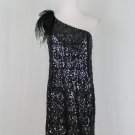 Tahari  Black Sequined 1920's Inspired Ostrich Trim One shoulder Dress Deco 2