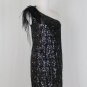 Tahari  Black Sequined 1920's Inspired Ostrich Trim One shoulder Dress Deco 2