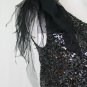 Tahari  Black Sequined 1920's Inspired Ostrich Trim One shoulder Dress Deco 2