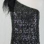 Tahari  Black Sequined 1920's Inspired Ostrich Trim One shoulder Dress Deco 2
