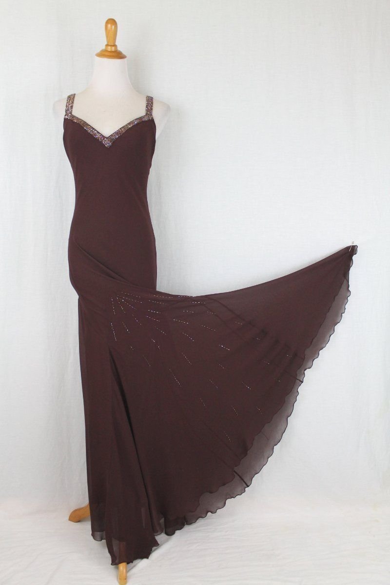 Dina Bar El Beaded Brown Silk Cross Back Formal Bias Cut Gown Ballroom M NWT