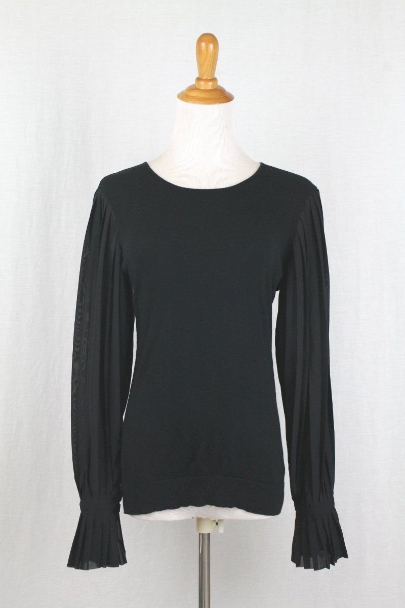 Ralph Lauren Green Label Navy Blue Knit top with Pleated Chiffon Sleeves Small