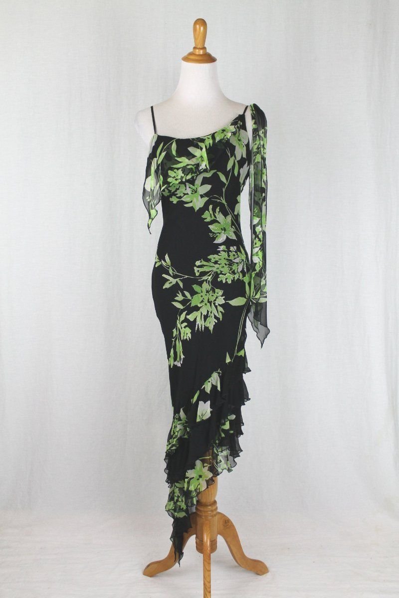 Cache 1930's Style Beaded Green Floral Print Silk Bias Cut Dress Gown 4 Small