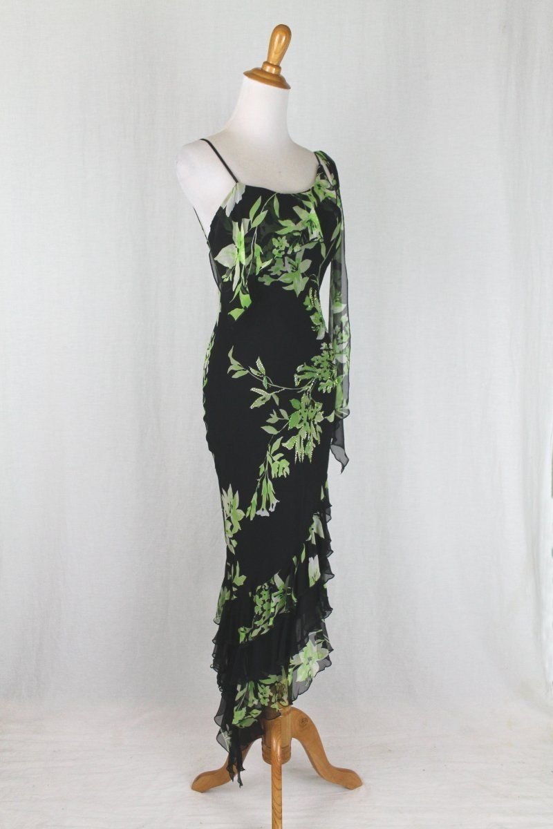 Cache 1930's Style Beaded Green Floral Print Silk Bias Cut Dress Gown 4