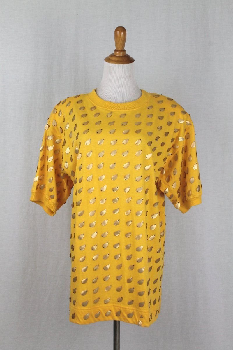 Vintage Gene Ewing Bis Bis Gold Leaf Embellished Yellow Cotton Knit Tee Top S