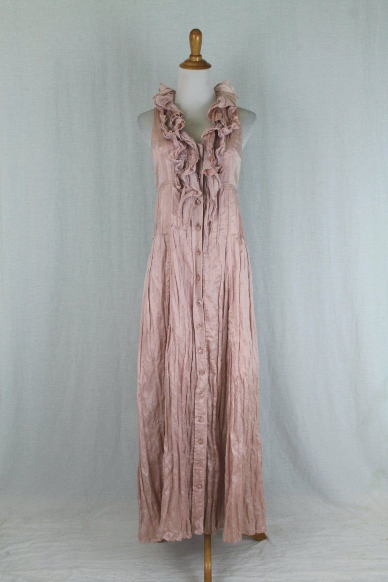 Javier Simorra Metallic Dusky Rose Ruffled Silk Maxi Dress Made in Spain 4 S 34