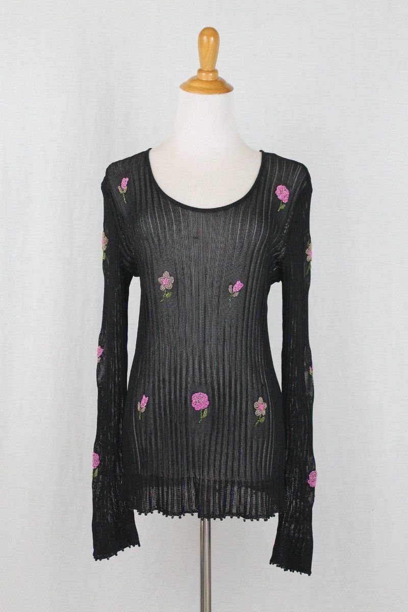 Vintage Emanuel Ungaro Beaded Black Ribbed Viscose Knit Scoop Neck Top 46 12 L