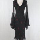 Vtg EXPRESS 1930's 40's Style Black & Red Silk Bias Cut Bell Sleeve Dress Midi 2