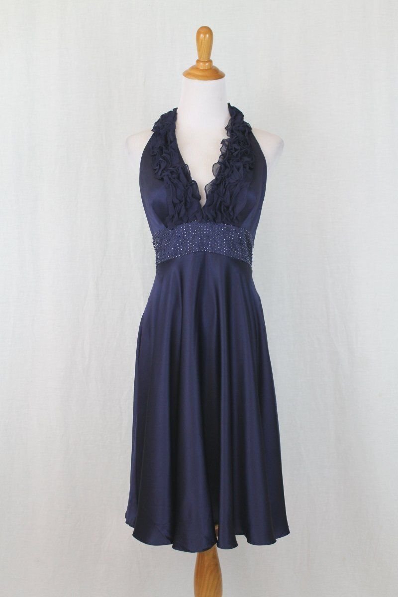 Adrianna Papell Navy Blue Knee Length Beaded Silk Halter Dress 6