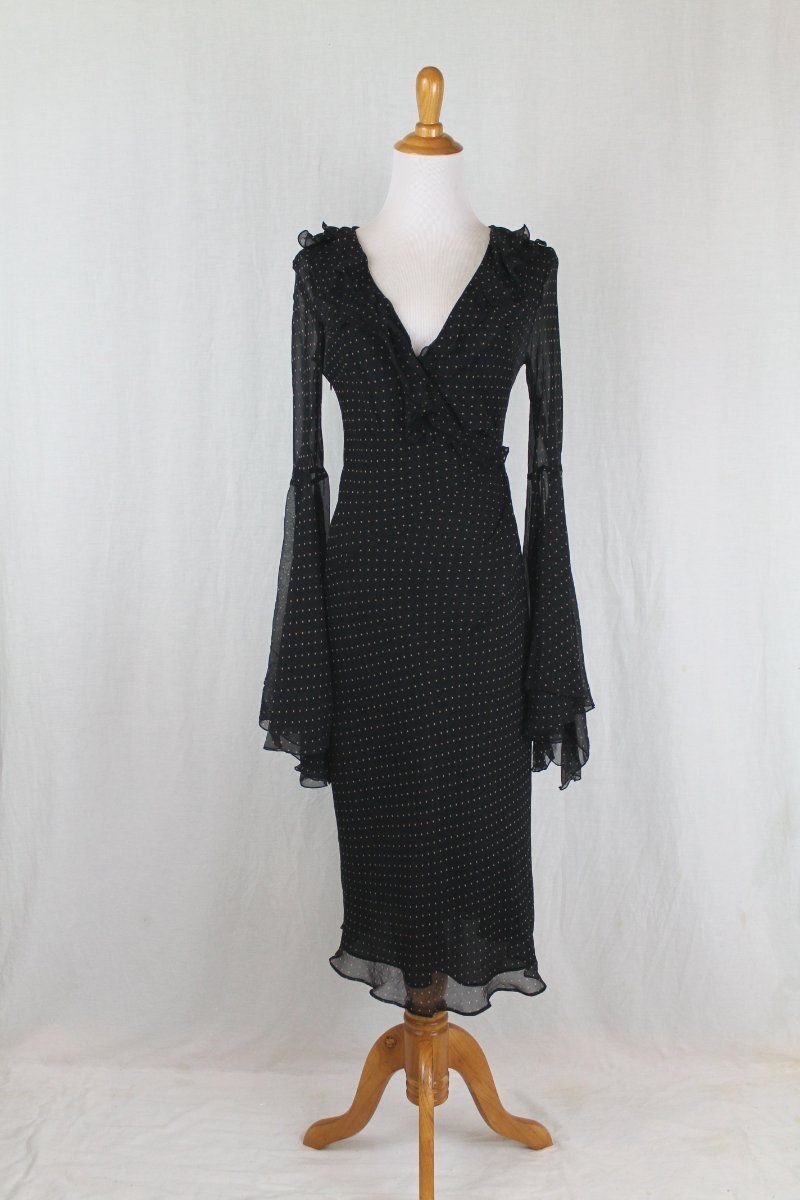 Vtg EXPRESS 1930's Gothic Spotted Black Silk Bias Cut Bell Sleeve Dress 8