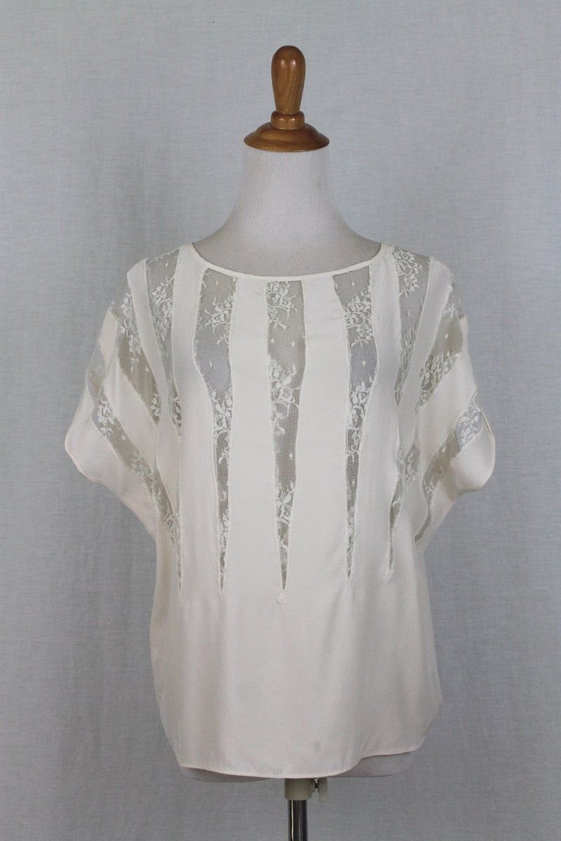 PARKER Short Sleeve Ivory Silk Blouse or Shell with Lace Cutout Trim M