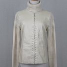 VAKKO leather Pullover Wool and Leather Turtleneck Sweater Ivory Cream Lace Up M