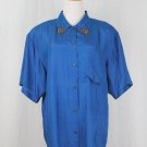 Vintage Carole Little Embellished Turquoise Blue Crinkle Silk blouse 8 M