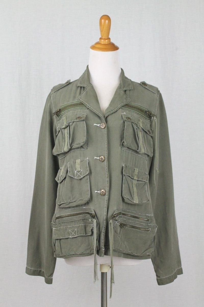 DA NANG Army Green Rayon Military Combat Cargo Jacket XS