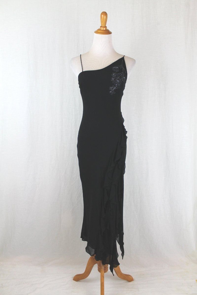 Vintage Express Long Beaded Black Ruffled Silk Chiffon Asymmetrical Hem Gown 2