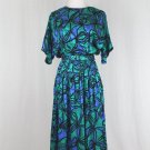 Vintage Adrianna Papell Blue & Green 1930's Inspired 80's Mid Calf Silk Dress 8