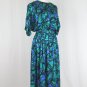 Vintage Adrianna Papell Blue & Green 1930's Inspired 80's Mid Calf Silk Dress 8