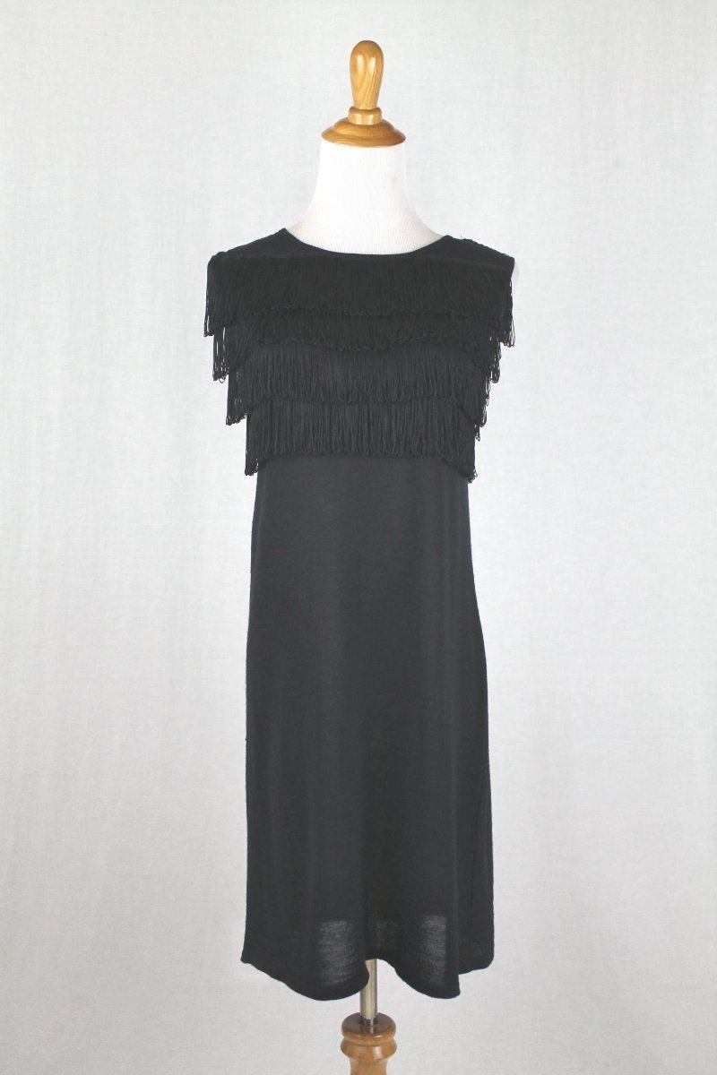 PAUL & JOE Sister Black Wool Knit Fringed Flapper Dress T1 XS