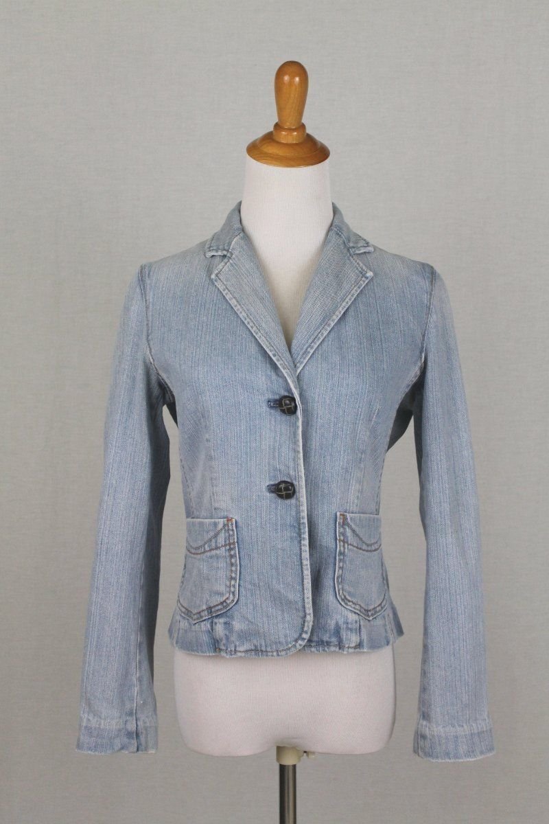 Vintage GAP Stretch Blue Denim Blazer With pink Ticking Stripe Lining BOHO 4