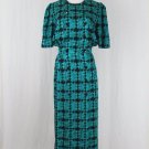 Vintage Adrianna Papell Emerald Green Silk Houndstooth Print Shirtwaist Dress 6