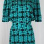 Vintage Adrianna Papell Emerald Green Silk Houndstooth Print Shirtwaist Dress 6