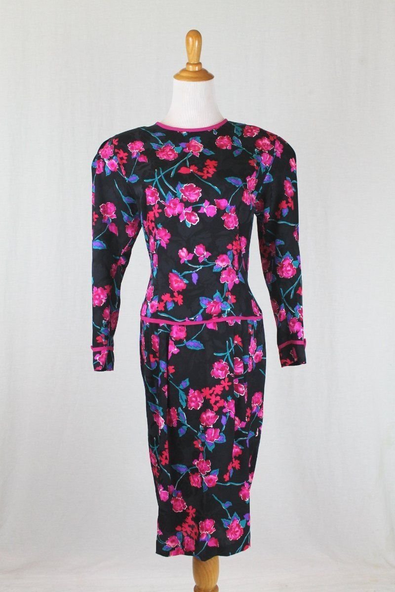 Vintage Kathryn Conover Rose Print Silk Jacquard 1940's Inspired 1980's Dress 8