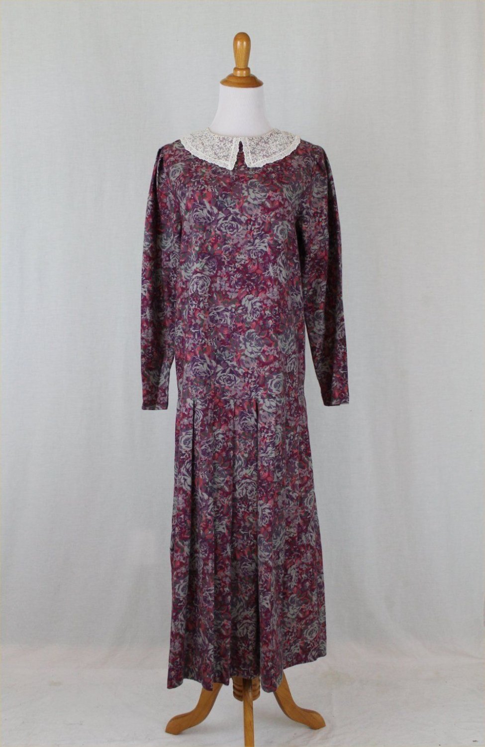 Laura Ashley Wool Blend Flannel Lace collar 1920's Style Dress US 10 UK 12