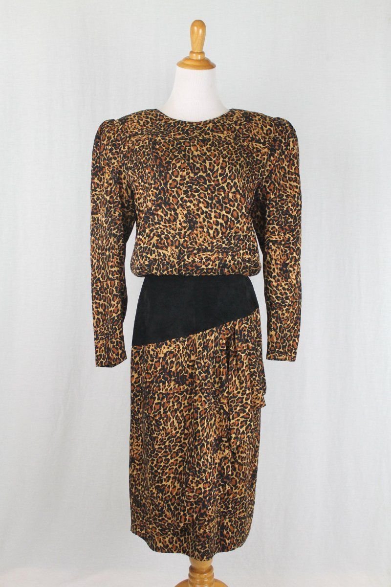 Vintage St. Gillian Leopard Print Silk 1930's Inspired Dress with Suede Trim 10