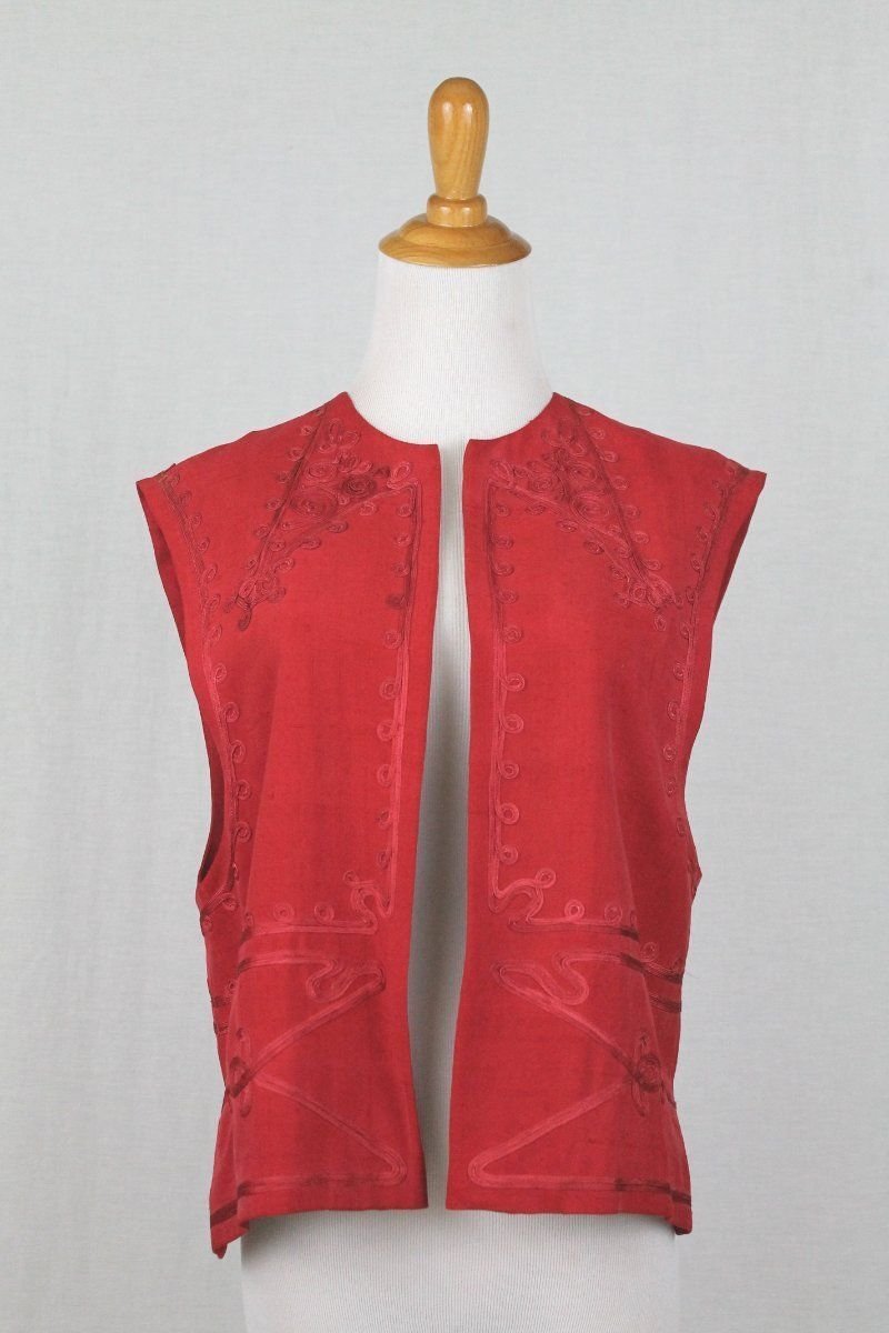 Vintage Dana Buchman Red Raw Silk Soutache Trim Bolero Vest Spanish Waistcoat 6