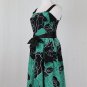 Vintage Sleeveless Green Silk A-Line dress with big Black Rose Print XS