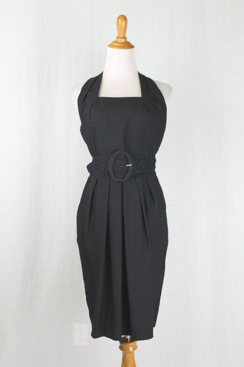 Vintage Gillian Retro Black Silk Dupioni Belted Sheath Dress 6 S NEW