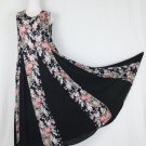 Vtg STARINA Pastel Pink & Black Rose Floral Print Maxi Dress w/ Godet Skirt M