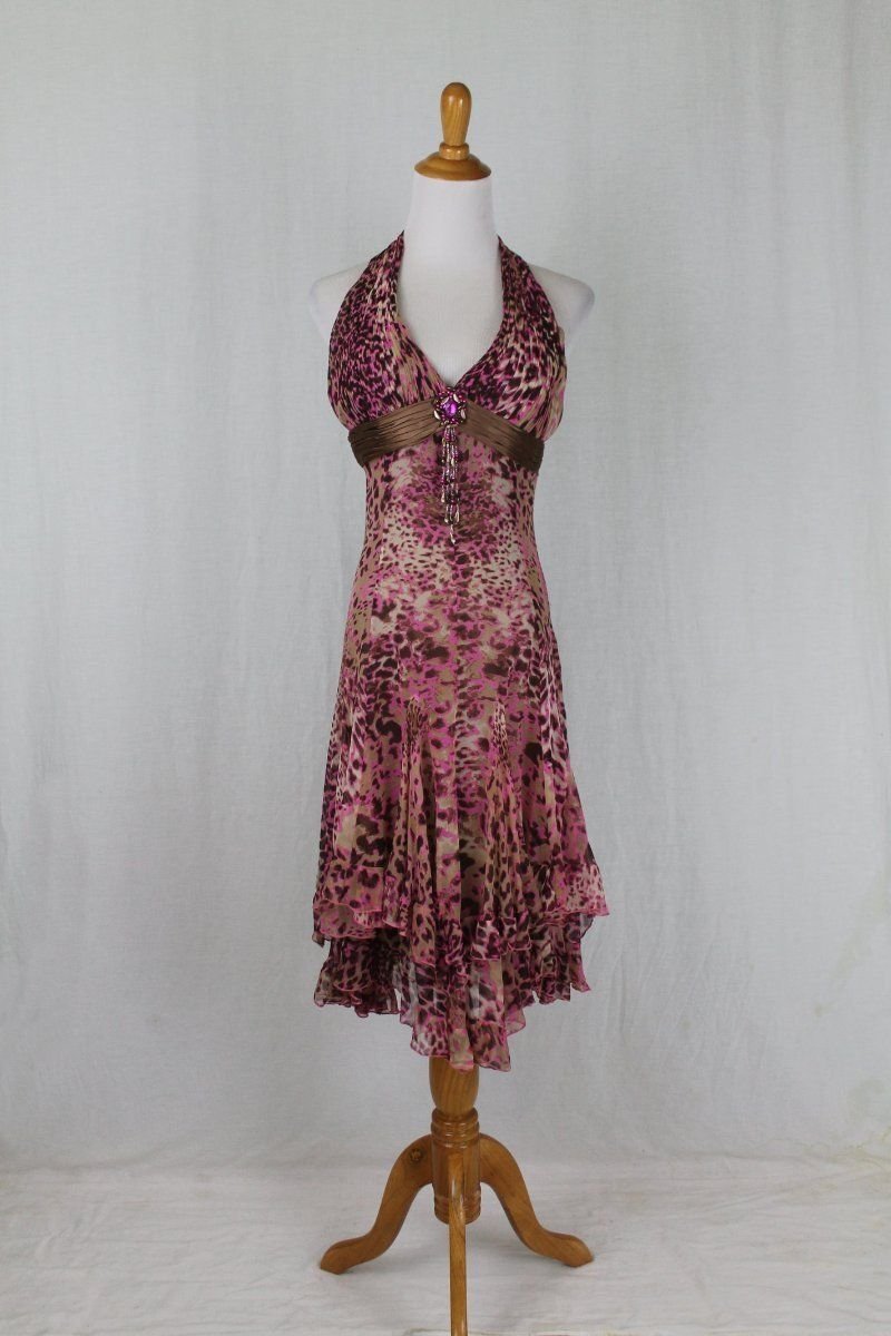 Vintage Diane Freis Beaded Silk Halter Dress Pastel Pink Brown & Leopard Print 4