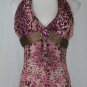 Vintage Diane Freis Beaded Silk Halter Dress Pastel Pink Brown & Leopard Print 4