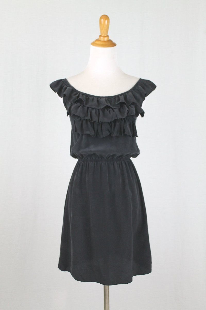 AMANDA UPRICHARD Black Silk and Lace Ruffled Sleeveless Mini Dress P XS