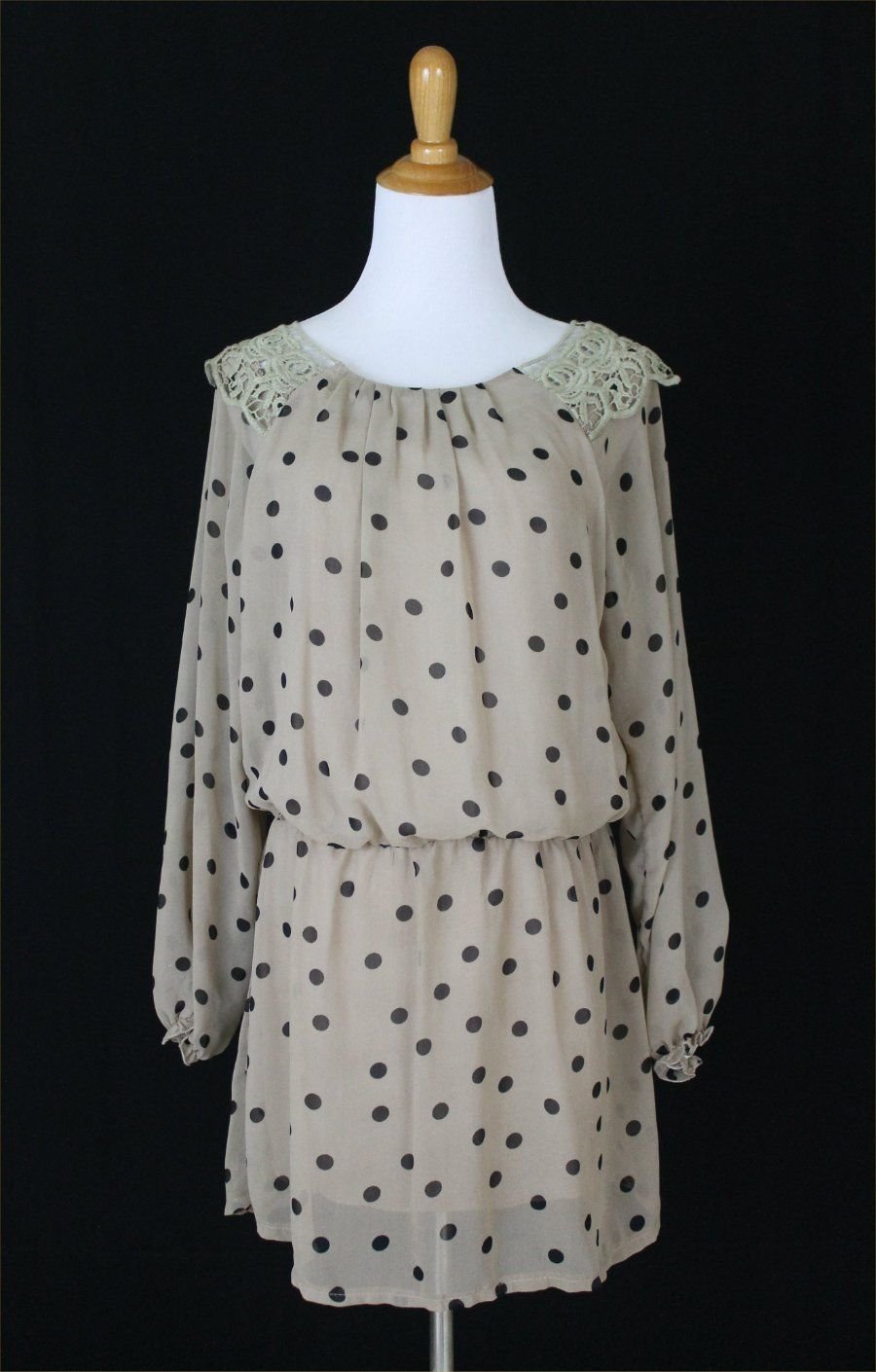 HEY HEY Beige and Black Polka Dot Long Sleeved Blouson Chiffon Mini Dress NWT S