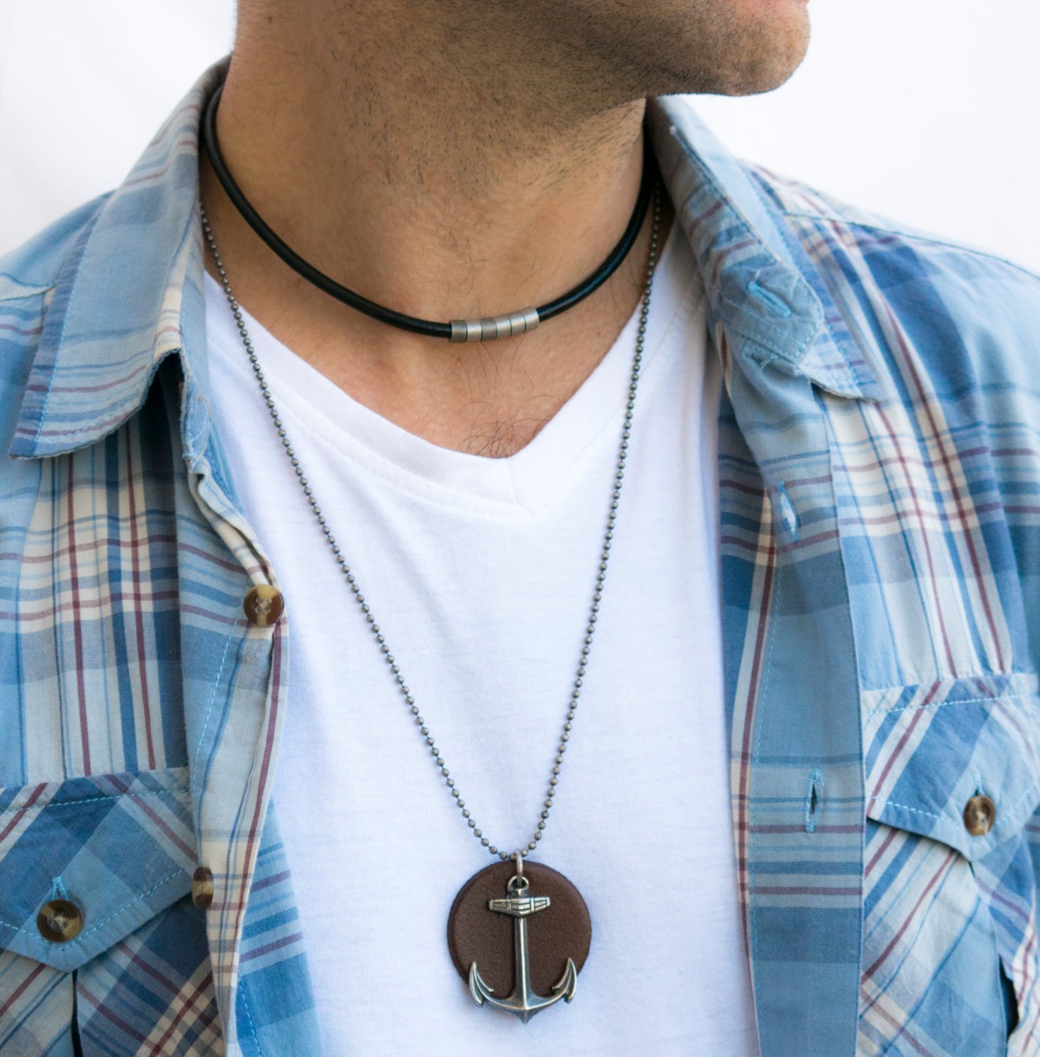 Men's Necklace - Men's Anchor Necklace - Men's Silver Necklace - Men's Leather Necklace - Men's Gift