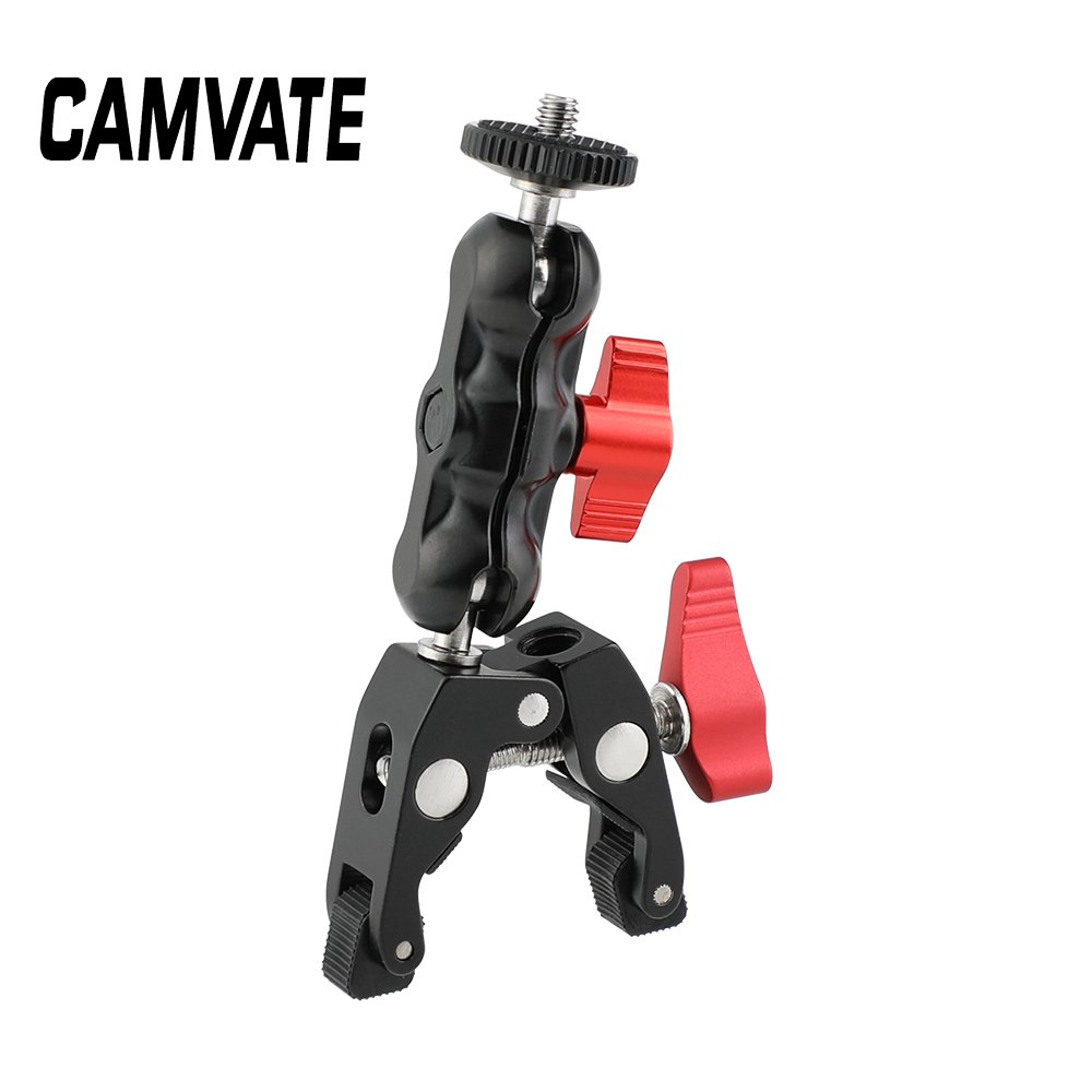 CAMVATE Versatile Super Clamp & Mini Ball Head 1/4"-20 Screw Adapter (Red Knob) C2509