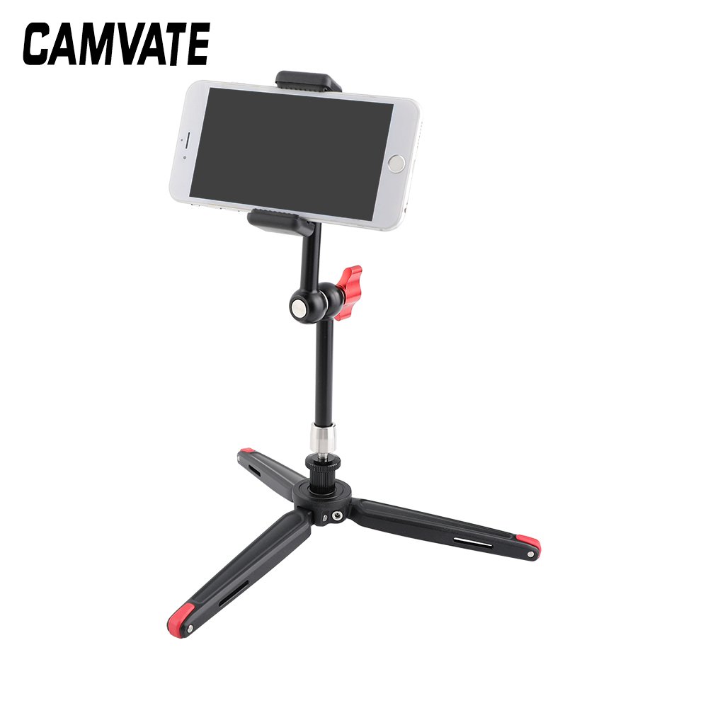 CAMVATE Firm Foldable Mini Tabletop Tripod + 11" Magic Arm With 1/4" Threads + Cellphone Clip C2511