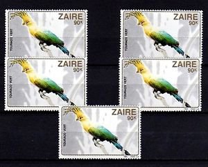 ZAIRE - 1982 - BIRD - GREEN TURACO - AFRICA - LOT OF 5 - MINT - MNH SINGLES