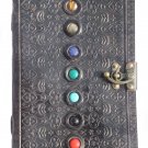 VINTAGE HANDMADE SEVEN STONE EMBOSSED BLACK LEATHER JOURNAL DIARY WITH LOCK